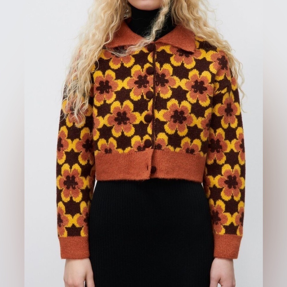 Zara Geometric Knit Jacquard Cropped Sweater Floral sz M - Picture 2 of 8